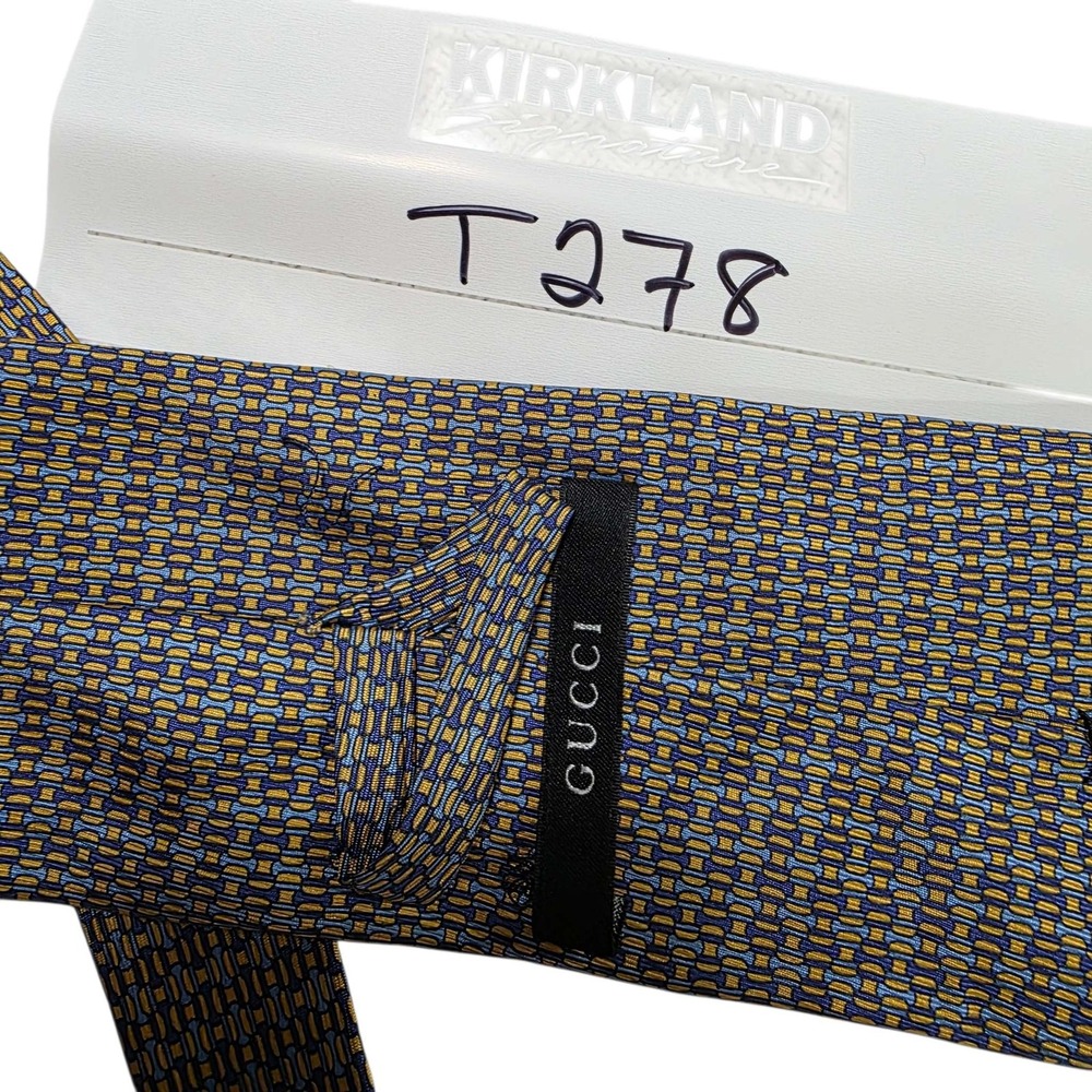 GUCCI Silk Tie Blue Yellow Geometric Pattern Made in Italy Men's Luxury Designer - Picture 13 of 13